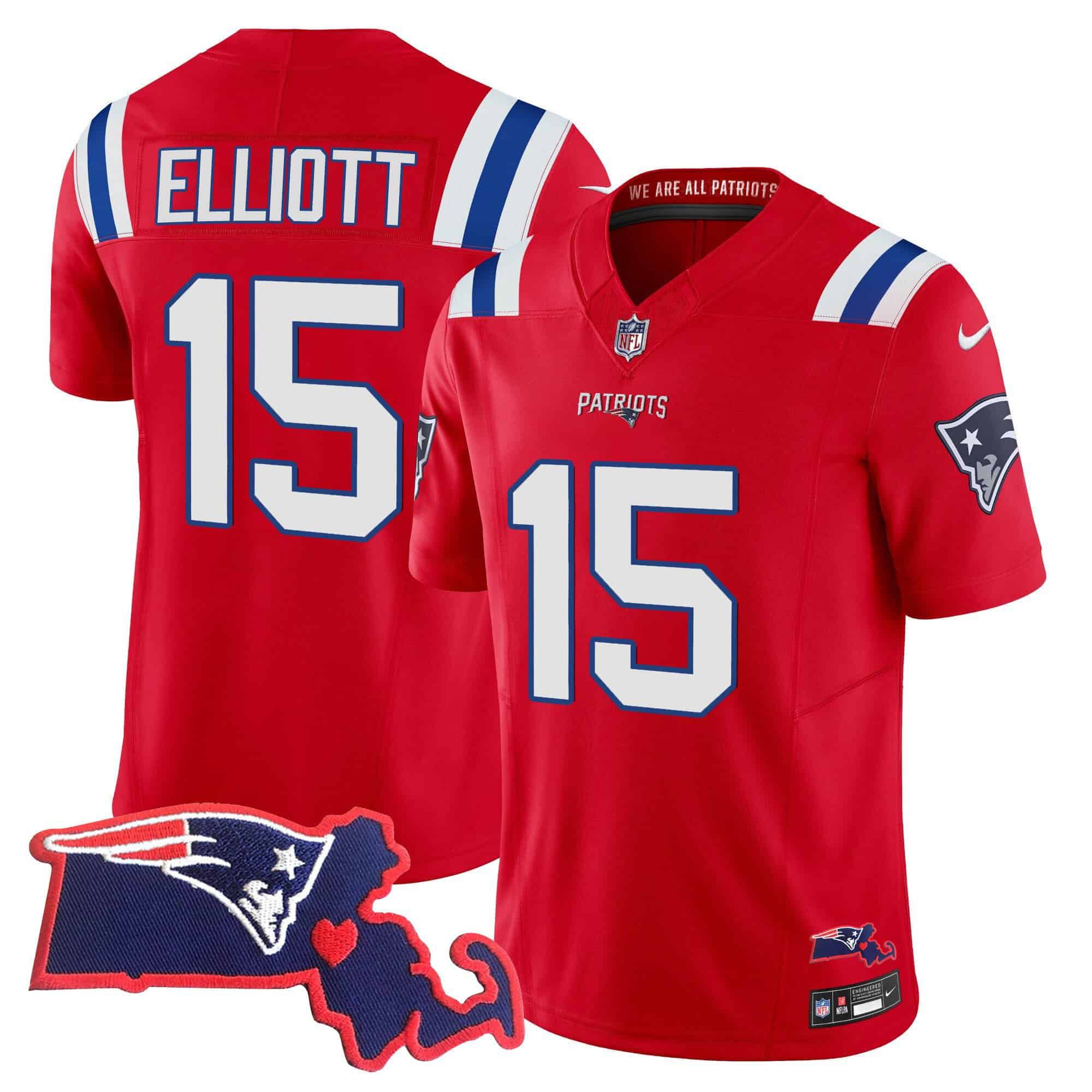 Men New England Patriots #15 Elliott Red 2024 Nike Patch Vapor Limited NFL Jersey